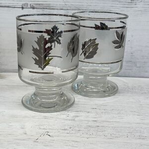 MCM Vintage Frosted Libbey Footed Juice Glasses Silver Leaf Pattern Low-Ball